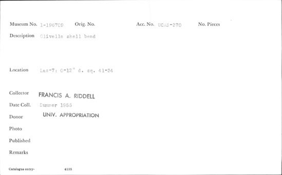 Documentation associated with Hearst Museum object titled Bead, accession number 1-196709, described as Olivella shell.