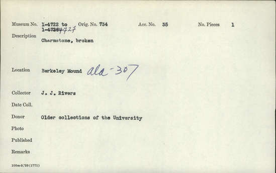 Documentation associated with Hearst Museum object titled Charmstone, accession number 1-4723, described as Broken charmstone