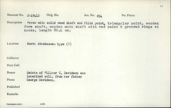 Documentation associated with Hearst Museum object titled Arrow, accession number 2-19412, described as Arrow with solid wood shaft and flint point, triangular point, wooden foreshaft, wooden main shaft with red paint and grooved rings at nocks.