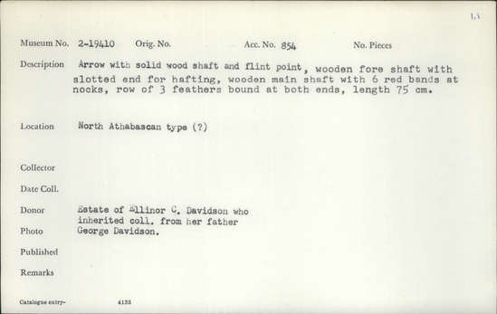 Documentation associated with Hearst Museum object titled Arrow, accession number 2-19410, described as Arrow with solid wood shaft and flint point. Wooden foreshaft with slotted end for hafting, wooden main shaft with 6 red bands at nocks. Row of 3 feathers bound at both ends.