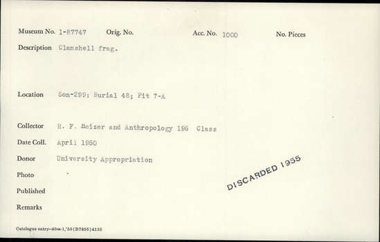 Documentation associated with Hearst Museum object titled Shell fragment, accession number 1-87747, described as Clam shell.