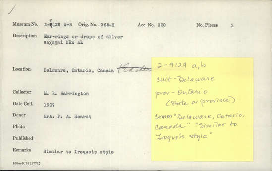 Documentation associated with Hearst Museum object titled Earrings, accession number 2-9129a,b, described as Or drops of silver.