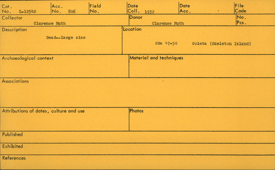 Documentation associated with Hearst Museum object titled Bead, accession number L-12542, described as Bead, large size