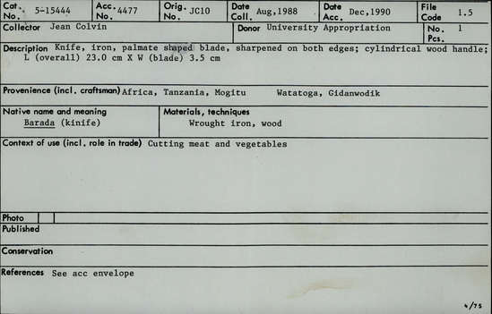 Documentation associated with Hearst Museum object titled Knife, accession number 5-15444, described as Knife: iron, palmate shaped blade, sharpened on both edges; cylindrical wood handle. Used for cutting meat and vegetables. Length (overall) 23.0 cm. Width (blade) 3.5 cm.