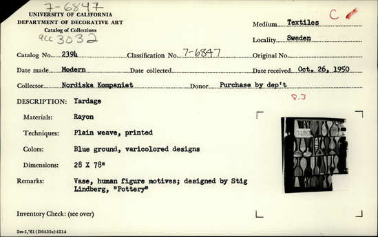 Documentation associated with Hearst Museum object titled Textile sample, accession number 7-6847, described as Yardage. Rayon. Plain weave, printed. Blue ground, varicolored designs. 28 by 78 inches. Vase, human figure motives; designed by Stig Lindberg, “Pottery” The Nordiska Kompaniet