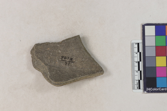 Hearst Museum object 1 of 2 titled Potsherd, accession number 16-8146, described as Potsherd; body, shoulder.  Section of Manta on Beach currently inhabited. Numbers  8111 to 8194 are sherds picked up on beach at low tide.