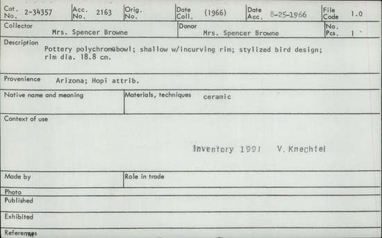 Documentation associated with Hearst Museum object titled Bowl, accession number 2-34357, described as Pottery polychrome bowl; shallow with incurving rim; stylized bird design.