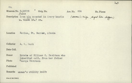 Documentation associated with Hearst Museum object titled Ulu, accession number 2-19203, described as Iron mounted in ivory handle.  Womans knife, shaped like chopper.