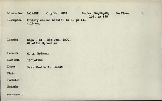 Documentation associated with Hearst Museum object titled Bottle, accession number 6-14957, described as Pottery: maroon bottle; least diameter 5 cm, greatest diameter 14 cm, height 19 cm.