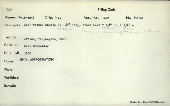 Documentation associated with Hearst Museum object titled Axe, accession number 5-1942, described as Axe; wooden handle