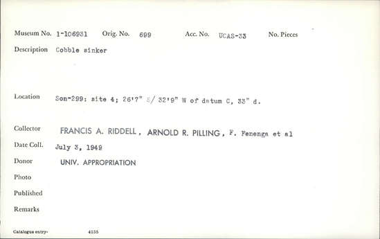 Documentation associated with Hearst Museum object titled Sinker (fishing), accession number 1-106931, described as Cobble.