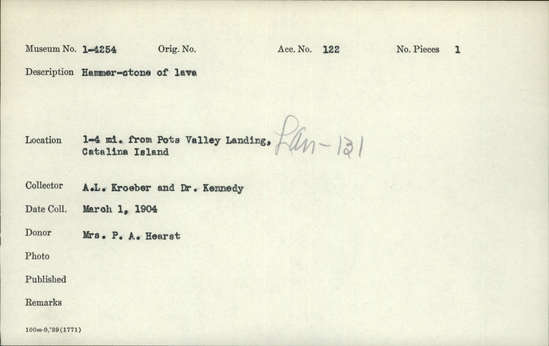 Documentation associated with Hearst Museum object titled Hammerstone, accession number 1-4254, described as Hammerstone of lava