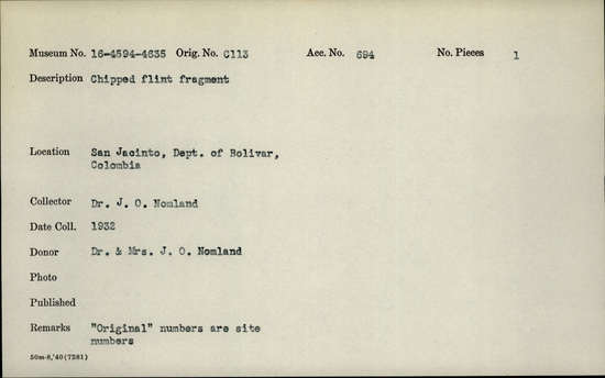 Documentation associated with Hearst Museum object titled Worked stone, accession number 16-4609, described as Chipped flint fragment