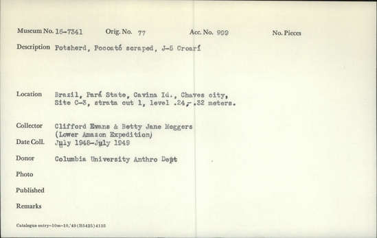 Documentation associated with Hearst Museum object titled Potsherds, accession number 16-7341, described as Potsherds, Poccato scraped