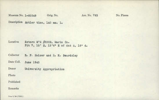 Documentation associated with Hearst Museum object titled Antler tine, accession number 1-60249, described as Antler tine.