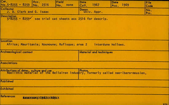 Documentation associated with Hearst Museum object titled Flakes, accession number 5-8256, described as flakes; no secondary flaking; various sizes.