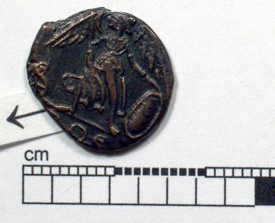 Hearst Museum object titled Coin: æ 4, accession number 8-7139, described as Coin: Æ 4. Obverse: Bust facing left. Reverse: Winged female figure standing, holding shield.