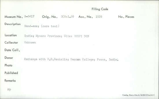 Documentation associated with Hearst Museum object titled Handaxe, accession number 9-6417, described as Hand-axe; (core tool).