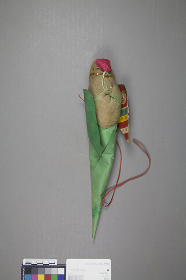 Hearst Museum object 3 of 4 titled Toy parrot, accession number 9-11092, described as toy parrot; stuffed cotton cloth, painted paper; 30 cm length; 6 cm width