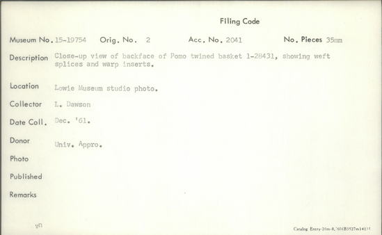 Documentation associated with Hearst Museum object titled Black-and-white negative, accession number 15-19754, no description available.