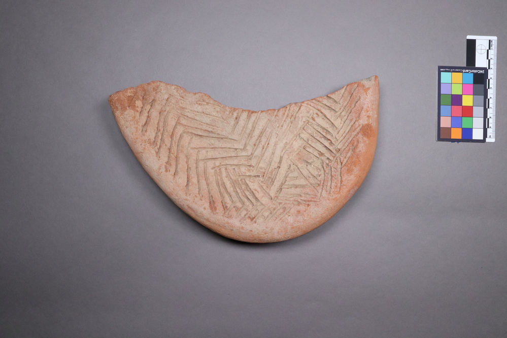 Hearst Museum object titled Incomplete altar, accession number 6-8280, described as Pottery altar, part missing, notched lines in design