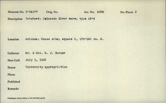 Documentation associated with Hearst Museum object titled Potsherd, accession number 2-24577, described as Potsherd: Colorado River ware; type AB-4