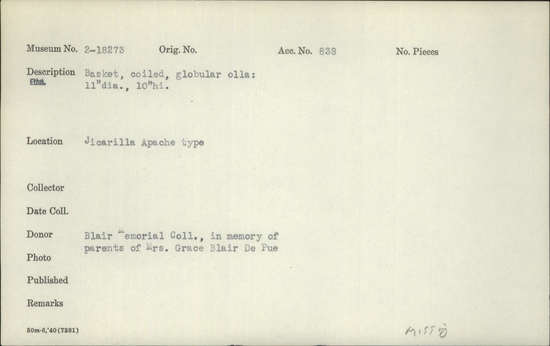 Documentation associated with Hearst Museum object titled Basket, accession number 2-18273, described as Coiled, globular olla.