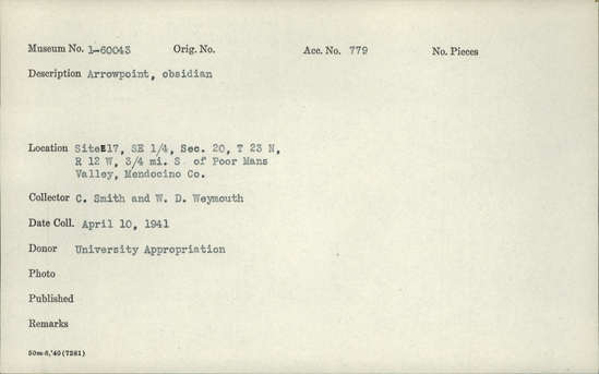 Documentation associated with Hearst Museum object titled Projectile point, accession number 1-60043, described as arrowpoint, obsidian