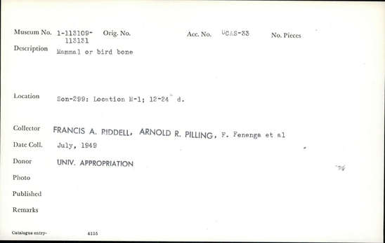 Documentation associated with Hearst Museum object titled Faunal remains, accession number 1-113125, described as Mammal or bird.