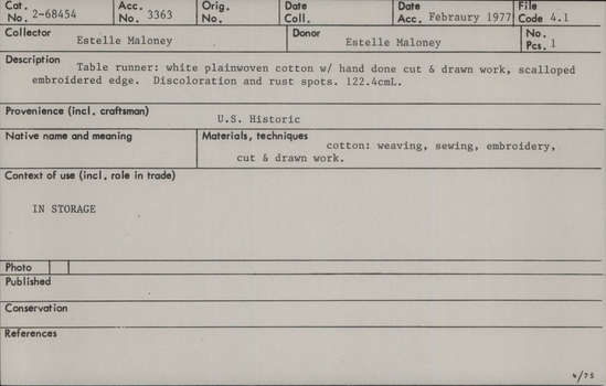 Documentation associated with Hearst Museum object titled Table runner, accession number 2-68454, no description available.