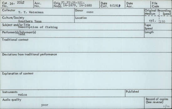 Documentation associated with Hearst Museum object titled Audio recording, accession number 24-2042, described as Description of fishing