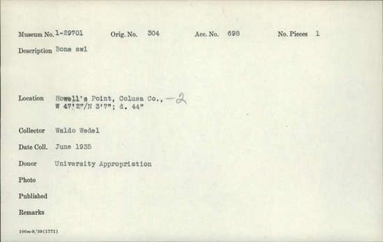 Documentation associated with Hearst Museum object titled Awl, accession number 1-29701, described as Bone.