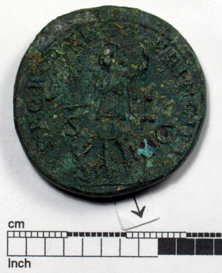 Hearst Museum object 14 of 14 titled Coin: æ sestertius, accession number 8-4009, described as Coin; AE; Sestertius; Roman. Trajan, 104-111 AD. Rome, Italy. Rev.: S P Q R OPTIMO PRINCIPI, Roma helmeted in military dress standing l., holding Victory in right hand, upright spear in field; Dacian kneeling at her feet; S C. in field. CF coin 4008.