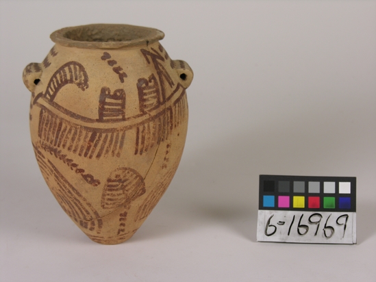 Hearst Museum object titled Jar, accession number 6-16969, described as pottery: entire buff, elliptical jar; panel and line decoration lug handles, red decoration; two boats and two aloes depicted on side; diameter 13, height 18 cm