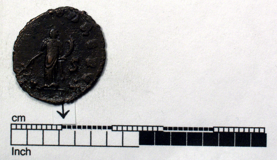 Hearst Museum object 2 of 6 titled Coin: æ, accession number 8-9119, described as Coin; Æ; Roman. Obverse: Bust facing right, diademed. Reverse: Figure standing looking left, draped.