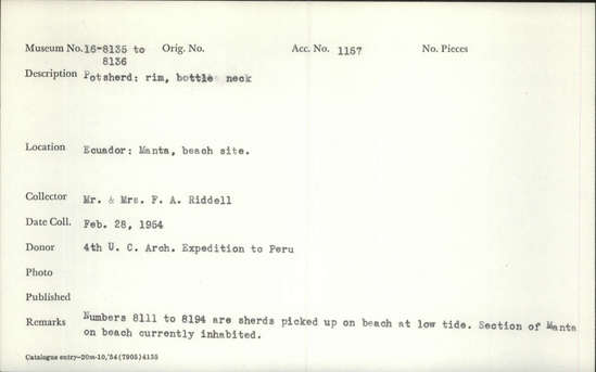 Documentation associated with Hearst Museum object titled Potsherd, accession number 16-8136, described as Potsherd; rim, bottle neck. Numbers  8111 to 8194 are sherds picked up on beach at low tide. Section of Manta on Beach currently inhabited.