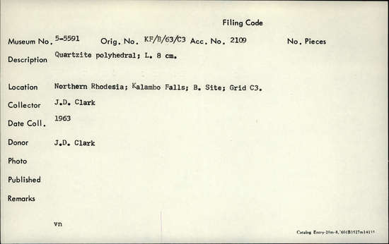 Documentation associated with Hearst Museum object titled Polyhedral, accession number 5-5591, described as Quartzite polyhedral; L. 8 cm