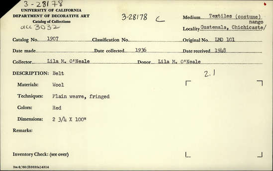 Documentation associated with Hearst Museum object titled Band, accession number 3-28178, described as Belt. Wool. Plain weave, fringed.  Red.  2.75 by 100 inches. January 1969 Condition good.