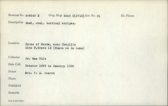 Documentation associated with Hearst Museum object titled Bowls (5), accession number 4-3042e, described as Bowl, oval, vertical stripes