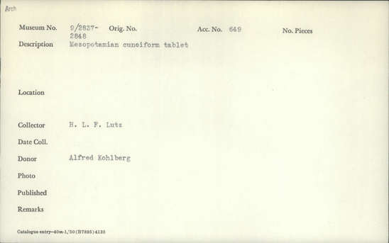 Documentation associated with Hearst Museum object titled Cuneiform tablet, accession number 9-2845, described as Mesopotamian cuneiform tablet
