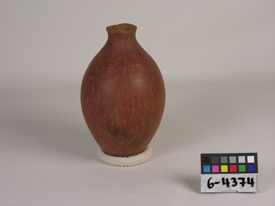 Hearst Museum object titled Broken bottle, accession number 6-4374, described as Pottery: red bottle neck broken; least diameter 4 cm, greatest diameter 15 cm, height 22 cm.