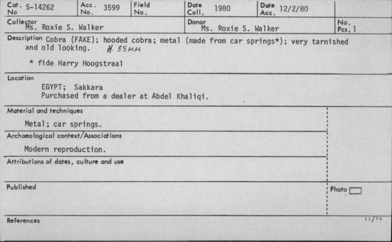 Documentation associated with Hearst Museum object titled Cobra figurine, accession number 5-14262, no description available.