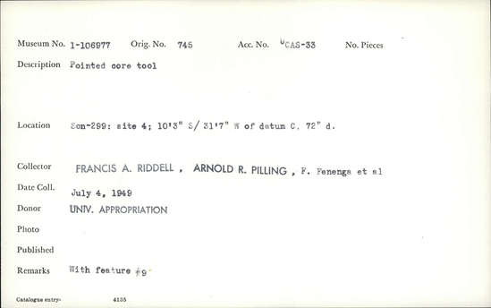 Documentation associated with Hearst Museum object titled Worked stone, accession number 1-106977, described as Pointed core.