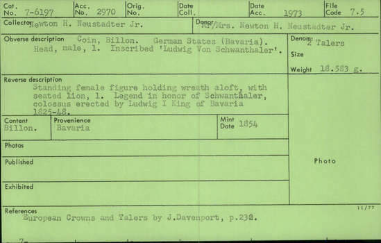 Documentation associated with Hearst Museum object titled Coin: billon 2 taler, accession number 7-6197, described as Coin, billon. Two talers. German States (Bavaria). Obverse: Head, male, left. Inscribed "Ludwig Von Schwanthaler". Reverse: Standing female figure holding wreath aloft, with seated lion left. Legend in honor of Schwanthaler, colossus erected by Ludwig I King of Bavaria, 1825-1848.