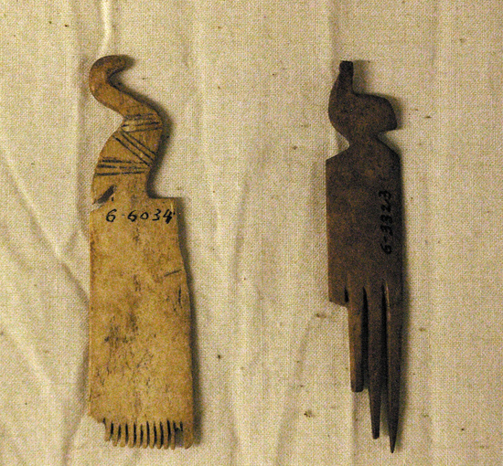 Hearst Museum object 2 of 4 titled Comb, accession number 6-6034, described as Ivory comb with carved bird on top, dark incised lines