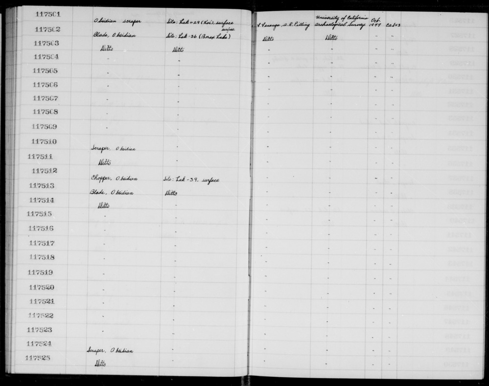 Documentation associated with Hearst Museum object titled Blade, accession number 1-117502, described as Obsidian.