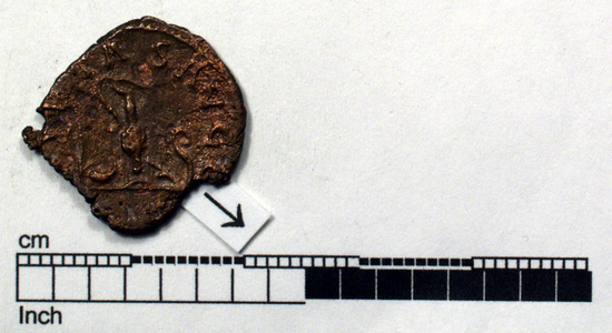 Hearst Museum object 3 of 6 titled Coin: æ, accession number 8-9146, described as Coin; Æ; Roman. Probably Tetricus II due to the youthful appearance of the bust. Obverse: Bust facing right, diademed. Reverse: Sacrificial implements: sprinkler, simpulum, fluted jug with handle right and lituus.