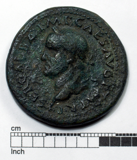 Hearst Museum object titled Coin: æ sestertius, accession number 8-4003, described as Coin; AE; Sestertius; Roman. Galba 68-69 AD. Obverse: SER GALBA IMP CAES AVG P M TR P, Bust l. laureate. Reverse: LIBERTAS AVGVSTA, Libertas standing l. with pileus and scepter; S C. low in field.