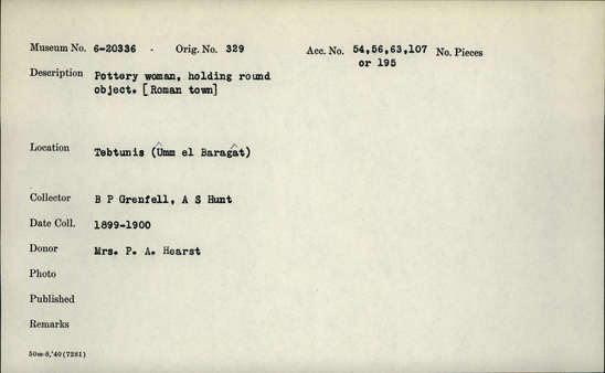 Documentation associated with Hearst Museum object titled Female figurine, accession number 6-20336, described as Pottery woman holding round object. Roman town.