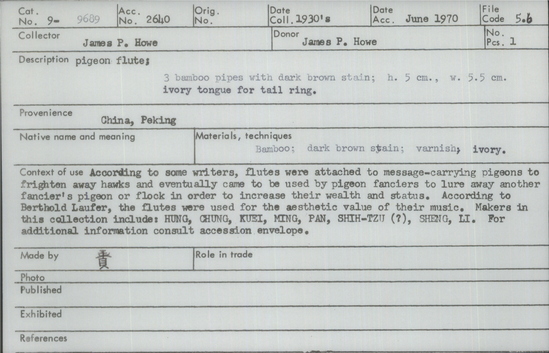 Documentation associated with Hearst Museum object titled Pigeon flute, accession number 9-9689, described as pigeon flute; 3 bamboo pipes w/dark brown stain; ht. 5 cm, w. 5.5 cmivory tongue for tail ring.